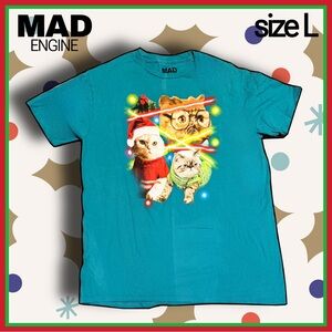 MAD ENGINE teal short sleeve funny xmas cats graphic TSHIRT size L